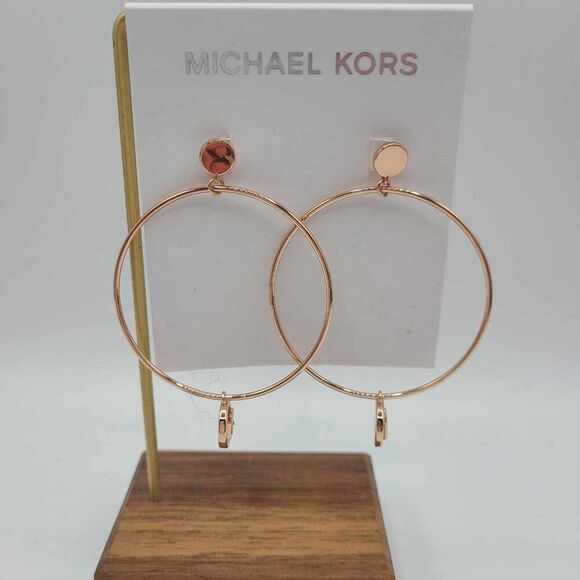 Michael Kors Rose Gold Tone Large Hoops with Logo Pave MK Charms NWT!  NEW! - Picture 1 of 9